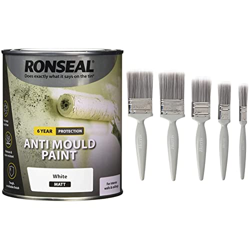 Image of RONSEAL AMPWM750 Anti Mould Paint White Matt 750ml and Harris Essentials Walls & Ceilings Paint Brush Set | Pack of 5 | 0.5", 1", 1.5", 2"
