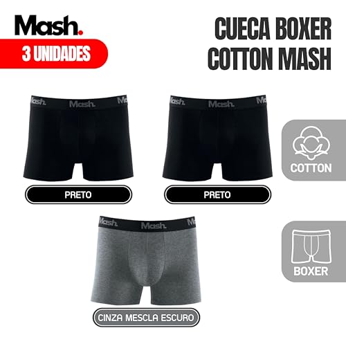 MASH Kit 3 Cuecas Boxer Cotton Elástico Exclusivo Adulto Masculino, 1 Cinza Mescla Grafite - 2 Preto
