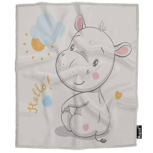 Mugod Hippo Blanket Hello Lettering Cute Adorable Cartoon Hippopotamus Sun Cloud Fuzzy Soft Cozy Warm Flannel Throw Blankets Decorative for Adults Kids Women Men Girls Boys 60x80 Inch