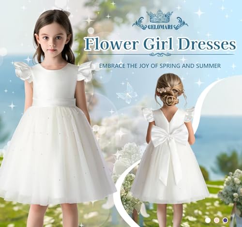 Satin Flower Girl Dress V-Back Ruffle Sleeve Dresses Girls Tulle Dress for Wedding First Communion with Bow-Knot3