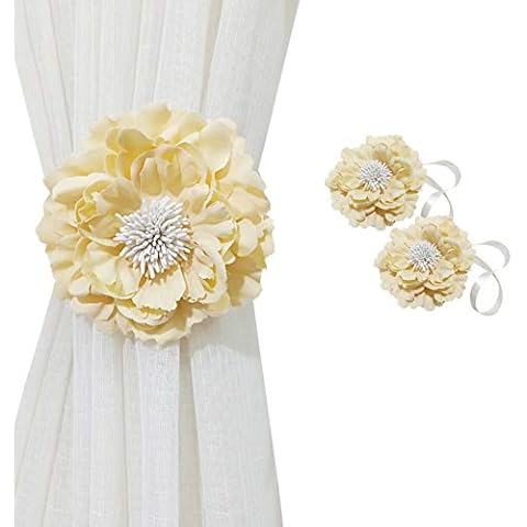CHICTIE 2 Piece Large Cloth Flower Magnetic Curtain Tieback Wedding Decorative Holdbacks Rope American Rustic Style Drapery Holder Clip for Girl's Room (Beige Yellow) Cover
