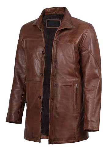 Image of fjackets Men's Lambskin Leather Car Coat - Stylish Long 3 /4 Casual Leather Jacket Men Outerwear