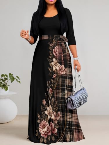Image of PinkPatty Women's Plus Size V Neck Long Sleeve Wrap Maxi Dress with Belt | Flowy belted maxi dress for travel, vacations, weddings, dinners, church, parties, and everyday elegant wear