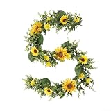 Spelonify Künstliche Sonnenblumen-Girlande, 180 cm, künstliche gelbe Blumen, Seide, Kunst-Rattan, realistische Hängedekoration für Hochzeit, Tisch, Party, Zuhause, Tafelaufsatz, Torbogen