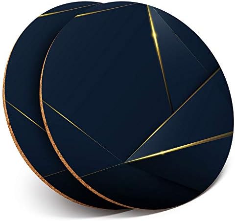 2 x Round Blue Gold Pattern Art – Cork Backed Coasters Home Kitchen Accessory Tea Coffee Mug Mat #3022
