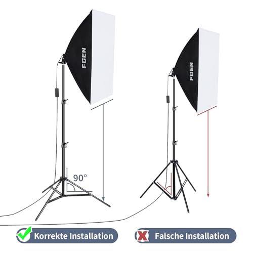 Softbox Fotostudio Set,FGen Fotolicht 2x50x70cm Beleuchtung für Fotostudios mit E27 Sockel 135W 5500K Fotolampe und 2M verstellbare Lichtstative für Studio-Porträts, Produktfotografie