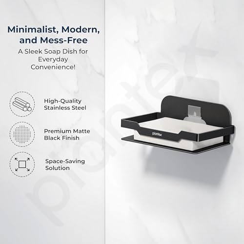Image of Plantex Self Adhesive Soap Dish for Bathroom /Stainless Steel Soap Holder for Washbasin /Soap Stand Without Drill /Bathroom Accessories - Pack of 1 (Black)