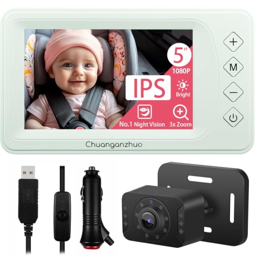 Image of Baby Car Camera with Advanced Crystal-Clear Night Vision, 3X Zoom, USB Powered, 5'' AHD 1080P IPS Monitor, Backseat Camera for Kids Infants Rear Facing Mirror, Green