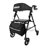DEMERGY® Andador para Ancianos Plegable Ligero Asiento Extragrueso Respaldo, 4 Ruedas Todo Terreno, Frenos Manuales Altura Ajustable, Incluye Mochila, Ideal para Mayores Personas Movilidad Reducida