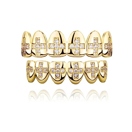 TOPGRILLZ Poker Heart Grills for Your Teeth, Grillz Teeth Men Grillz for Women, 18K Gold Plated Brass with Cubic Zirconia，Hip-Hop Cosplay Costume Accessory(Golden Cross)