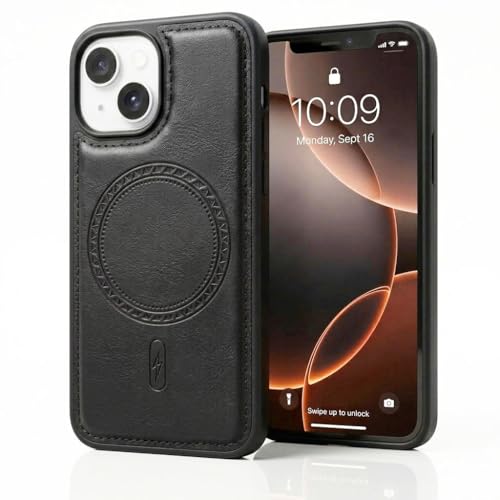 Image of amazon basics Premium PU Leather Case for iPhone 13, MagSafe Compatible Magnetic Ring, Sleek Protective Back Cover - [Black]