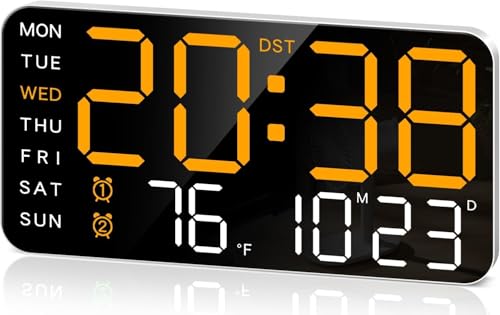 Image of EASEPRES Digital Wall Clock 9 inch LED Large Display, Electronic Wall Mounted & Desk Clock, Day Date Temperature Dual Alarm, 5-Level Adjustable Brightness, USB Powered for Bedroom Office Home (Orange)