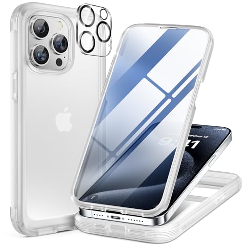 Miracase Glass Case for iPhone 15 Pro Max Case 6.7-Inch Full Body Bumper Clear Back Cover and Built-in 9H Tempered Glass Screen Protector + Camera Lens Protector (Matte Clear)