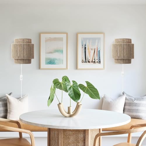Image of Bofea-1 Light Boho Wall Light,Rattan Wall Sconce with Hand Woven Hemp Rope Shade,Plug in Wall Sconces,Boho Bedside Lamp,Farmhouse Rustic Wall Lamps Light Fixture for Living Room Bedroom Stairway