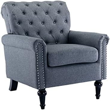 ayoodfo Mid Century Modern Accent Chair, Club Chair Tufted Armchair with Nail-Head Trim and Wood Legs, Upholstered Single Sofa Accent Armchairs for Living Room, Bedroom, Small Space, Dark Gray