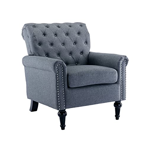 Ayoodfo Mid Century Modern Accent Chair, Club Chair Tufted Armchair With Nail-Head Trim And Wood Legs, Upholstered Single Sofa Accent Armchairs For Living Room, Bedroom, Small Space, Dark Gray #TOP5