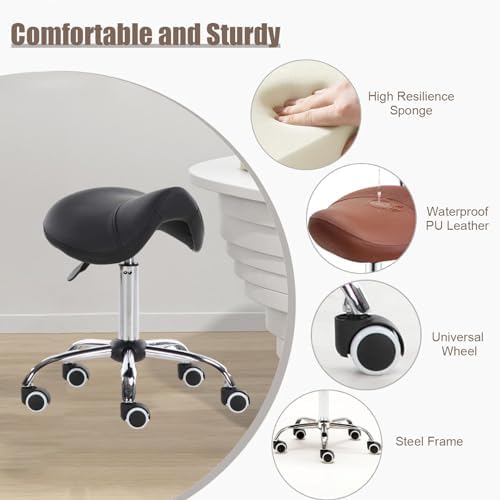 Dental Hygienist Saddle Stool with Wheels - Adjustable Salon Chair for Tattoo Artists, Stylists, Estheticians - Ergonomic Drafting Stool for Comfort and Mobility