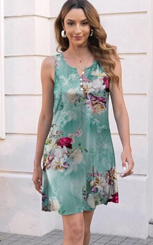 Image of Disamer Womens Summer Dress 2026 Casual Button Down V Neck Sleeveless Boho Floral Beach Sundresses Vacation A-Line Dresses