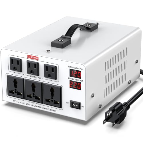 Image of 6000W Heavy Duty Voltage Converter Transformer - Step Up 110V to 220V & Step Down 220V to 110V, Auto Input Recognition, 3 US & 3 Universal Outlets, LCD Display, Circuit Breaker for Travel & Home