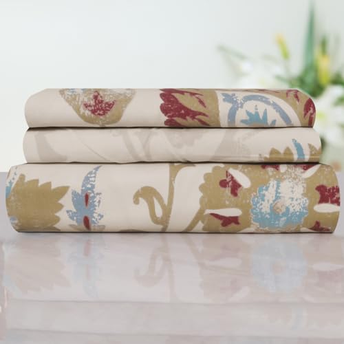 Image of Cloth Fusion Glace Cotton Elastic Fitted Bedsheet for Double Bed with 2 Pillow Covers (78X60 inches, Beige Floral)