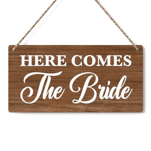 Rustic Wedding Sign Here Comes the Bride Ring Bearer Sign Funny Wedding Decor Weddings Stuff Engagement Decorations 12x6 Inches (Brown)