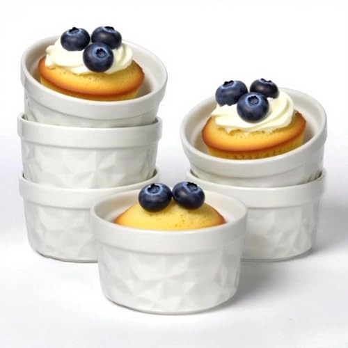 8oz Ramekins, Sinsanbo White Porcelain Ramekins set of 6, 230ml oven safe for Creme Brulee, Ceramic Ramekins for Baking, Souffle, Pudding, Ice cream, Sauces, Air fryer and Microwave safe