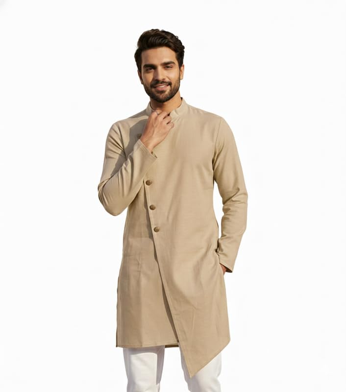 Image of OOMPH! Men's Ethnic Traditional Asymmetric Kurta Polycotton Regular Fit | High Neck Full Sleeves | Traditional Indian Festive Kurta | Stylish Casual and Wedding