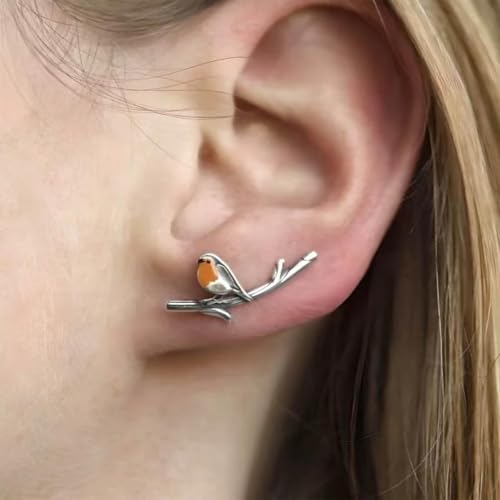 Bird Earrings for Women Boho Bird Branch Earrings Gold/Silver Bird Climber Earrings Chunky Enamel Robin Bird Earrings Cute Orange Bird Stud Earrings Funny Statement Jewelry Accessories4