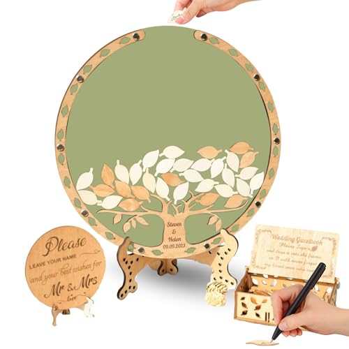 Image of Green Tree Wedding Guest Book Alternative with Signing Leaves Drop Box | Personalized rustic sage wooden frame guestbook set with stand and marker for wedding reception, bridal shower decor