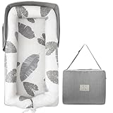 Portable Baby Lounger - Foldable Infant Lounge with Adjustable U-Shaped Bumper & Storage Bag, Breathable Cotton Snug Spot for Supervised Rest & Play at Home or On The Go,Gray Leaf