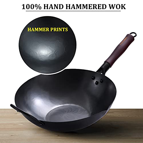 Xeeyaya Carbon Steel Wok Pan With Lid, Chinese Flat Bottom Woks And Stir Fry Pans, 12.5" Hand Hammered Traditional Wok For Electric, Induction & Gas Stoves #TOP5