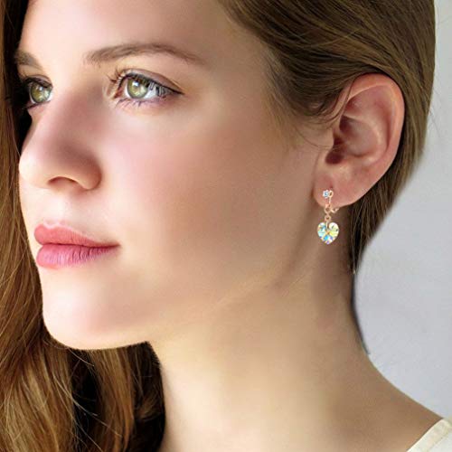 Austrian Crystal Heart Drop Clip On Dangle Earrings For Women Non Pierced 14K Rose Gold Plated Hypoallergenic Jewelry (Aurora Borealis) #TOP1