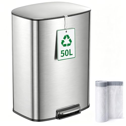 YEAUPE PRO Cubo de Basura para Cocina 50L de Acero Inoxidable, Papelera con Pedal, Cierre Suave, Cubeta Interior Extraíble, Sistema Antiolores, Acabado Antihuellas, 15 Bolsas Incluidas