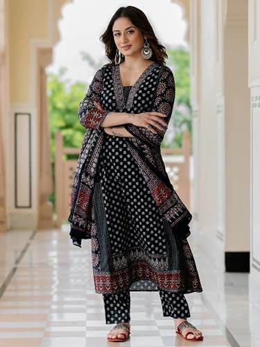 Image of Arayna Women's 100% Pure Cotton Printed Ethnic Suit | A-Line Kurta Set with Pant & Dupatta