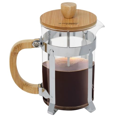 JS Gourmet 27oz Glass French Press Coffee Maker with Bamboo Wooden Handle, Lid and Stainless Steel Frame, Manual Coffee and Tea Brewer with 3 Level Filter System