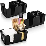 Tebery 3 Pack Black Plastic Bar Caddy with 6 Compartments, Refillable Bar Organizer Holds Napkins, Toothpicks, Straws - 9' L x 5.4' W
