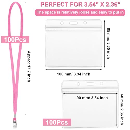 Image of Marspark 100 Sets Clear Name Tags with Lanyard, Lanyards for ID Badges Reusable Strap with ID Holder Plastic Name Badges for Adults Business School Church Conference (Pink)