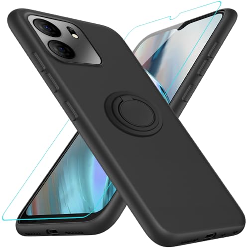 Nijiadi Compatible for Blu View 5 B160V Phone Case with Glass Screen Protector, 360° Rotatable Ring Holder Kickstand-Stand Silicone TPU Shockproof Protective Cover Case for BLU View 5 5G - Black