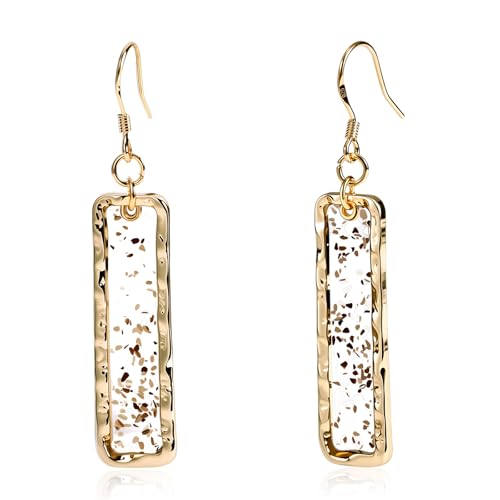 Gold Rectangle Dangle Earrings - Handmade Resin with Abalone Shell Pieces, Unique Drop Earrings
