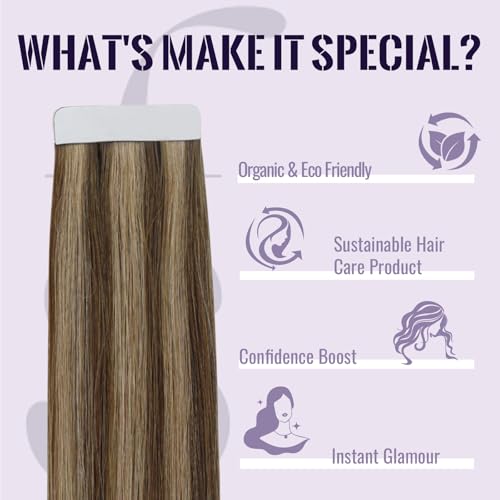 Fshine Real Human Hair Tape in Extensions,20 Inch 20 pcs 50 g,Seamless Tape in Hair Extensions Human Hair,Color 4P27 Medium Brown Highlight Honey Blonde,for Women - Image 2