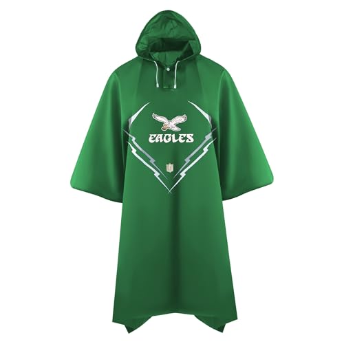 NFL Philadelphia Eagles Kelly Green Waterproof Rain Premium Poncho for Adults Sporty Rainy Ponchos for Men and Women with Sleeve holes & Hood for extra protection. Coat Weather Jacket - Reusable