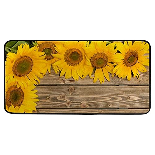 Saturey Komfort-Teppich Gelbe Sonnenblumen, Retro-Holz, rutschfest, Küchenteppich, Bodenmatte, Anti-Ermüdungs-Stehmatte for Esszimmer, Waschküche, Büro, Flur, 99,5 x 50,8 cm Cover