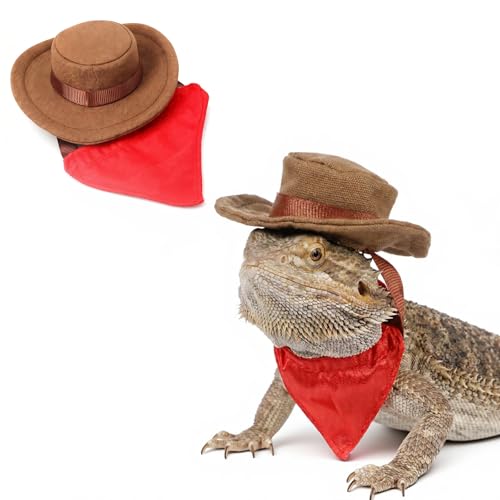 Bearded Dragon Costume - Adjustable Bearded Dragon Cowboy Hat and Red Bandana Scarf Lizard Outfits Halloween Costume Photo Props for Gecko Chameleon Small Animal Reptile