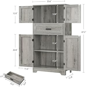 Tall Storage Cabinet with Adjustable Shelf & Large Drawer, Bathroom Cabinet with Doors, Kitchen Cabinet, Cupboard, Floor Cabinet for Dining Room, Living Room, Home Office, Entryway, Gray Tall Storage Cabinet with Adjustable Shelf Large Drawer Bathroom Cabinet with Doors Kitchen Cabinet Cupboard Floor Cabinet for Dining Room Living Room Home Office Entryway Gray