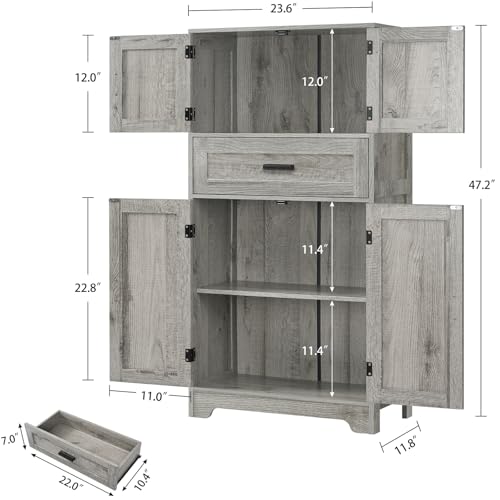 Tall-Storage-Cabinet-with-Adjustable-Shelf-Large-Drawer-Bathroom-Cabinet-with-Doors-Kitchen-Cabinet-Cupboard-Floor-Cabinet-for-Dining-Room-Living-Room-Home-Office-Entryway-Gray Tall Storage Cabinet with Adjustable Shelf Large Drawer Bathroom Cabinet with Doors Kitchen Cabinet Cupboard Floor Cabinet for Dining Room Living Room Home Office Entryway Gray