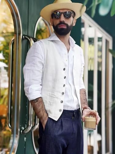 Men's Summer Linen Vest Slim Fit Vintage Suit Vest Beach Wedding Casual Waistcoat for Party Groomsmen2