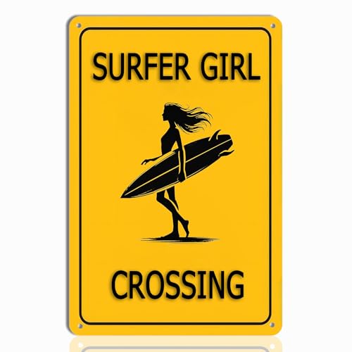 keowhsf Surfer Girl Crossing Metal Sign - Surfboard Wall Art for Beach Room Decor, Surfer Gifts for Women and Teen Girls, Cool Surfing Room Decor, 8"x12" Tin Sign