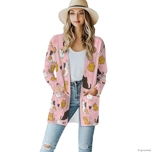 Image of Forchrinse Red Ladybug Cardigan for Women Causal Long Sleeve Open Front Cardigans Sweater Fashion 2024 Fall Coat with Pockets