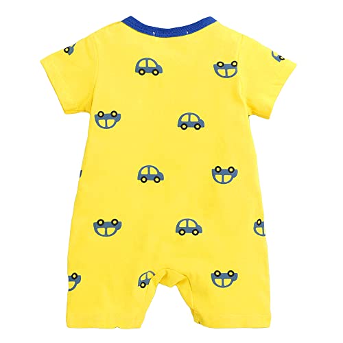 Image of Hopscotch Unisex Cotton Vehicle Print Romper In Yellow Color