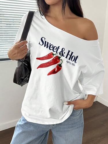 Image of SXV Women Plus Size Loose Spicy Life Graphic Asymmetrical Neck Short Sleeve T-Shirt,Oversized